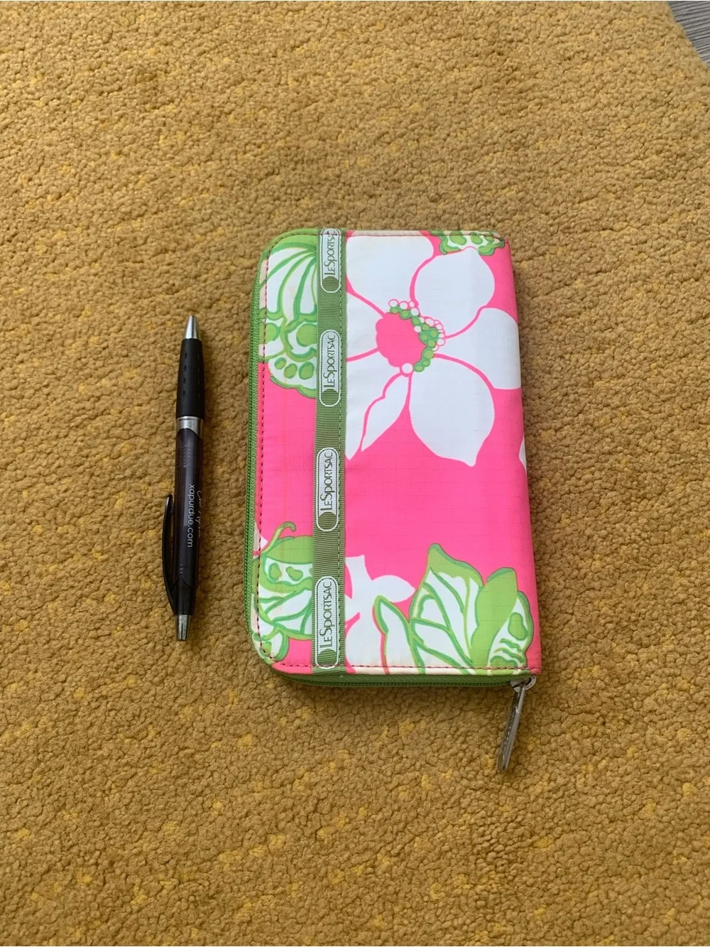 Vintage Lesportsac Neon Pink Floral Zip Wallet with Lime Accents
